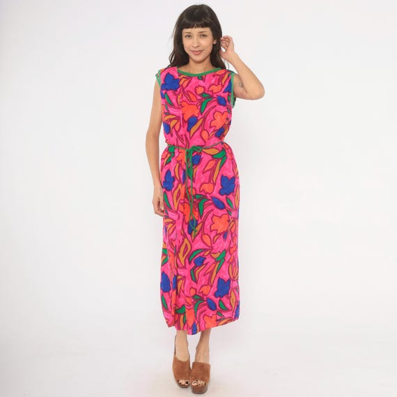 Psychedelic Floral Maxi Dress 70s Hot Pink Tie Waist Tropical Flower Power Fuchsia Blue Orange Colorful Festival Summer Wrap Style Small S