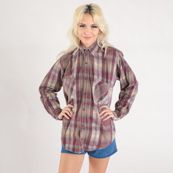 Burgundy Flannel Shirt 90s Grunge Plaid Button Up Red Taupe 1990s Lumberjack Vintage Long Sleeve Open Trail Men's Small S