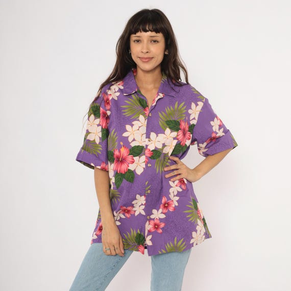 Purple Hawaiian Shirt 90s Tropical Floral Hibiscus Plumeria Violet Pink Green Palm Leaf Print Cotton Summer Beach Vacation Extra Large XL