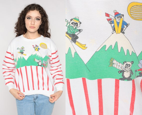 Ski Sweatshirt Skiing Panda Bear Shirt 80s 90s Graphic Sweater Mountain Sports Winter Vintage Retro Sweatshirt Striped White Medium Large