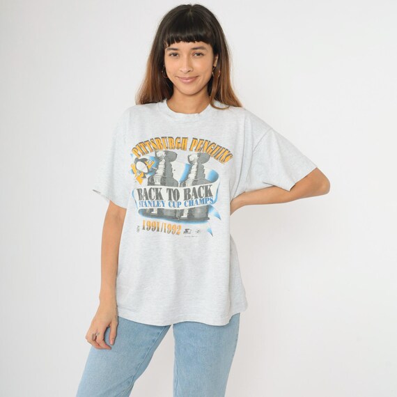 Vintage Pittsburgh Penguins T-Shirt 1991/1992 Back to Back Stanley Cup Champions Shirt NHL Hockey Heather Grey Fruit of the Loom \USA XL