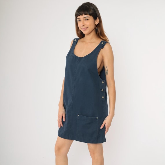 Vintage 90s Jumper Dress Navy Blue Mini Grunge Pinafore Low Armhole Overall Dress Pocket 1990s Smock Dress Preppy Cotton Sleeveless Large L