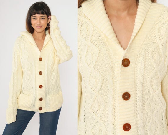 Vintage 70s Cable Knit Cardigan Cream Fisherman Sweater Boho