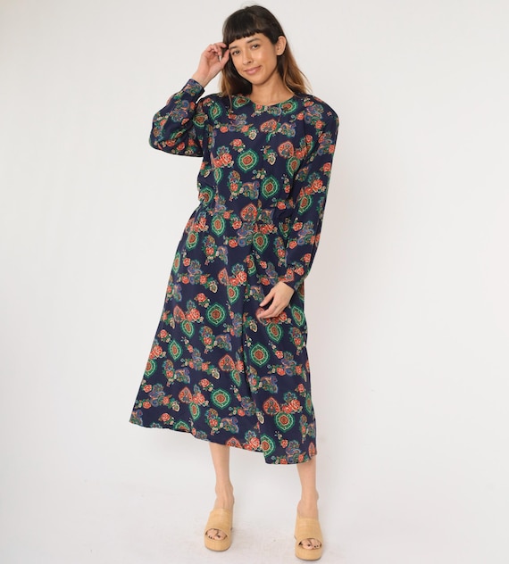 90s Paisley Floral Dress Liz Claiborne Dark Blue Midi Dress Faux Wrap Secretary Day Long Sleeve Pocket Vintage 1990s Large 10