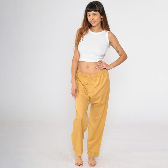 Vintage 70s Pajama Pants Mustard Yellow Sleep Pants Snap Waist Lounge Pants 1970s Elastic Waist Large L