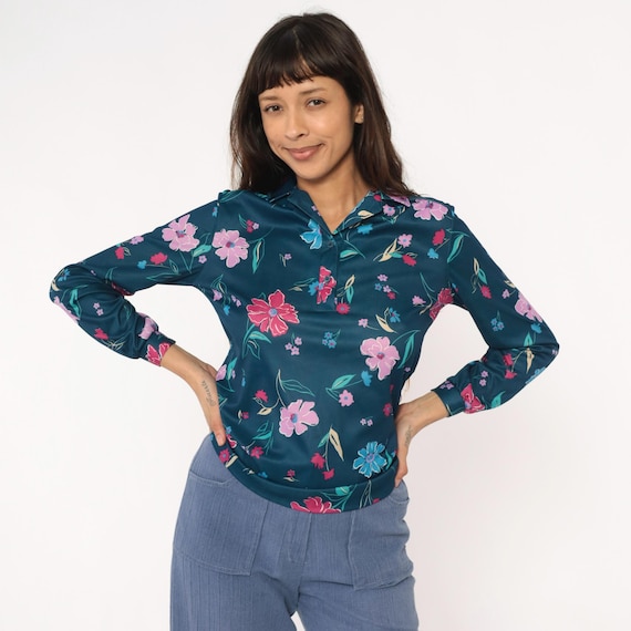 80s Floral Blouse Navy Teal Satin Pink Blue Purple Flowers Long Sleeve Secretary Office Vintage Top Dark Cottagecore Shirt Work Medium M