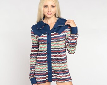 70s Blouse Navy Blue Zig Zag Striped Button Up Top Peter Pan collar Shirt 60s Colorful Yoke Western Groovy Long Sleeve Vintage 1970s Small S
