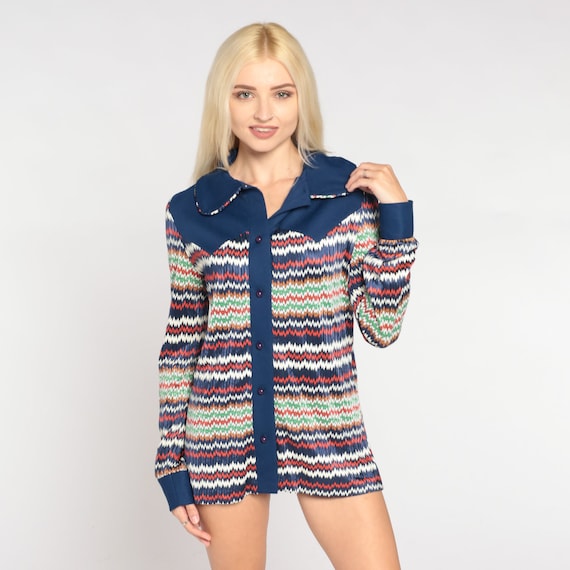 70s Blouse Navy Blue Zig Zag Striped Button Up Top Peter Pan collar Shirt 60s Colorful Yoke Western Groovy Long Sleeve Vintage 1970s Small S