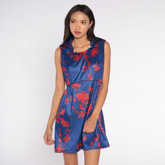 70s Babydoll Dress Blue Floral Emilio Borghese Dress Mini Dress Flower Print Mod Empire Waist 60s Red Ruffle Vintage Sleeveless Small S