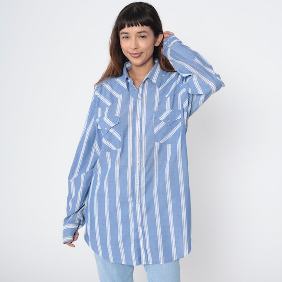Striped Western Shirt 90s Blue Pearl Snap Shirt Button Up Cowboy Rodeo Retro Long Sleeve Vintage 1990s White Men's Extra Large xl
