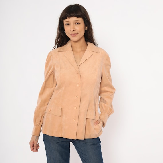 Suede Blazer 80s Tan Mollie Parnis Jacket Camel Sand Patch Pocket Gathered Cuff Tailored Coat Fall Autumn Layering Vintage Womens Medium M