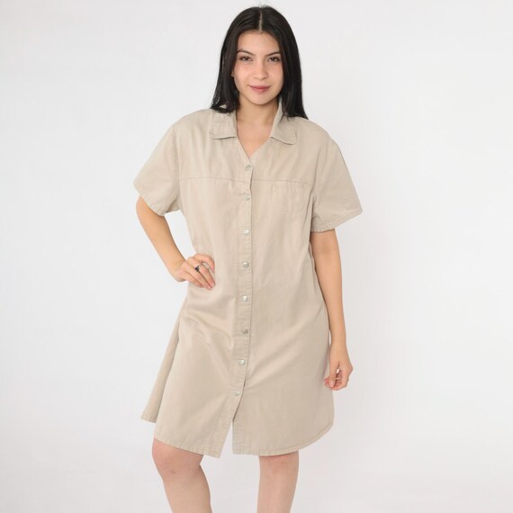 Vintage Khaki Shirt Dress 90s Faded Glory Tan Utility Short Sleeve Button Front Snap Mini 1990s Casual Workwear XL 16W