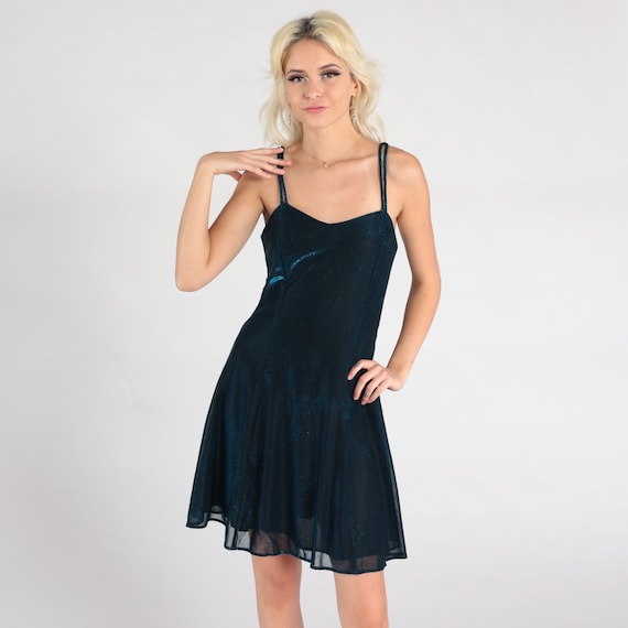 90s Party Dress Blue Metallic Mini Dress Cocktail Sweetheart Neckline Going Out Tank Dress Sparkly Spaghetti Strap Vintage Sleeveless Small