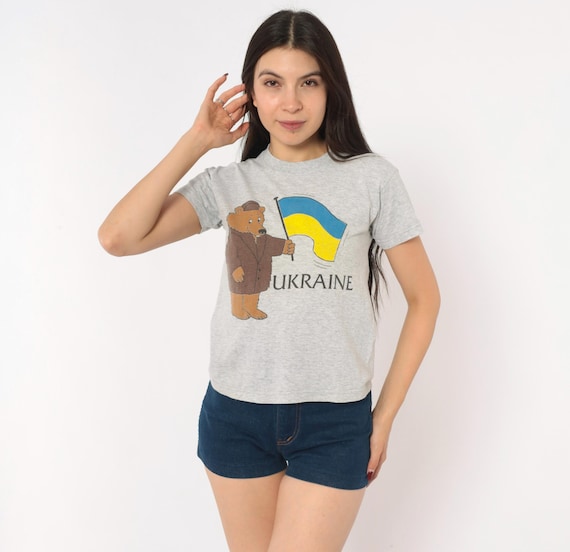 80s Ukraine Bear Baby Tee Flag Graphic Cartoon Animal Grey Heather Cotton Short Sleeve Novelty Souvenir Screen Stars Gray Extra Small XS