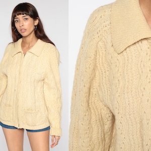 70s Cream Wool Cardigan Fisherman Sweater Cardigan Cable Knit Sweater Jacket Zip Up Sweater Boho 1970s Vintage Bohemian Medium Large