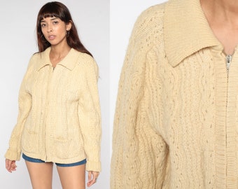 70s Cream Wool Cardigan Fisherman Sweater Cardigan Cable Knit Sweater Jacket Zip Up Sweater Boho 1970s Vintage Bohemian Medium Large