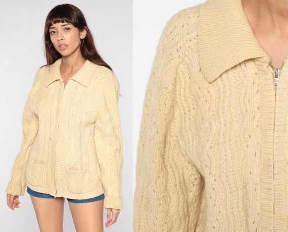 70s Cream Wool Cardigan Fisherman Sweater Cardigan Cable Knit Sweater Jacket Zip Up Sweater Boho 1970s Vintage Bohemian Medium Large