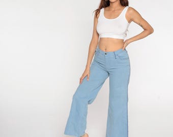 80s Wide Leg Jeans Light Blue Flare Denim High Waisted Bell Bottom Pants Cotton 70s Style Festival Hippie Disco Summer Boho Casual Small S