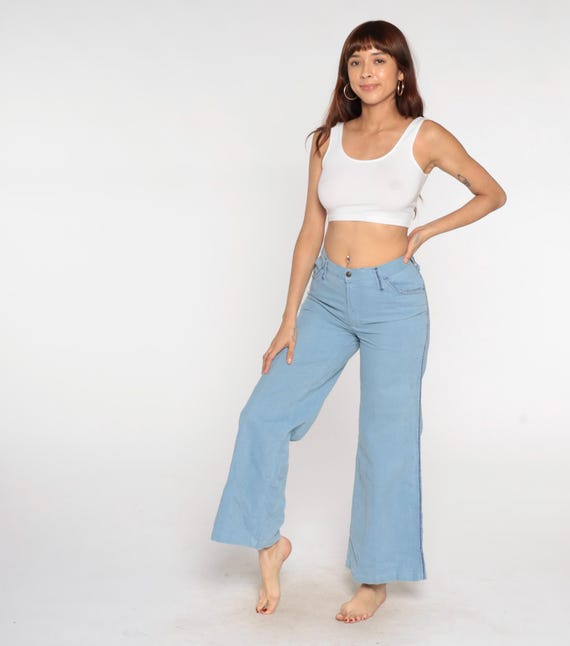 80s Wide Leg Jeans Light Blue Flare Denim High Waisted Bell Bottom Pants Cotton 70s Style Festival Hippie Disco Summer Boho Casual Small S