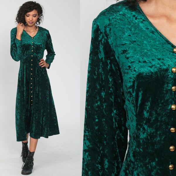 Green Velvet Dress Gothic 90s Midi Party Crushed Velvet Button Up CORSET BACK 1990s Goth Vintage Witch Long Sleeve Sheath Medium