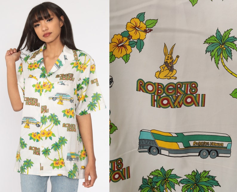 Hawaiian Shirt 70s Roberts Hawaii Shirt Car Rabbit Blouse Tropical Shirt Button Up Shirt Floral Print 1970s Boho Top Beach Large