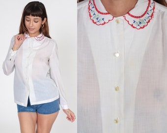 Sheer White Blouse 80s Floral Embroidered Peter Pan Collar Shirt Button Up Bohemian Long Sleeve Top 1980s Shirt Boho Vintage Small S