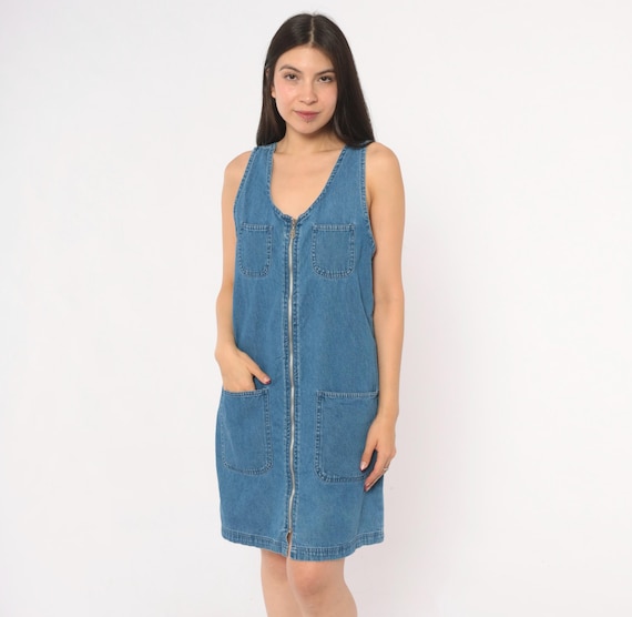 90s Denim Jumper Dress Zip Front Sleeveless V Neck Mini Shift Cotton Blue Jean Pinafore Vintage  Casual Summer Tank A Line Utility Medium M