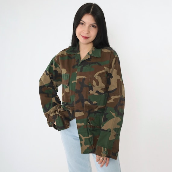 Vintage Camo Military Jacket Woodland Camouflage 90s Army Utility Button Up Shirt Jacket 1990s Grunge Combat Outerwear XSmall Regular xs