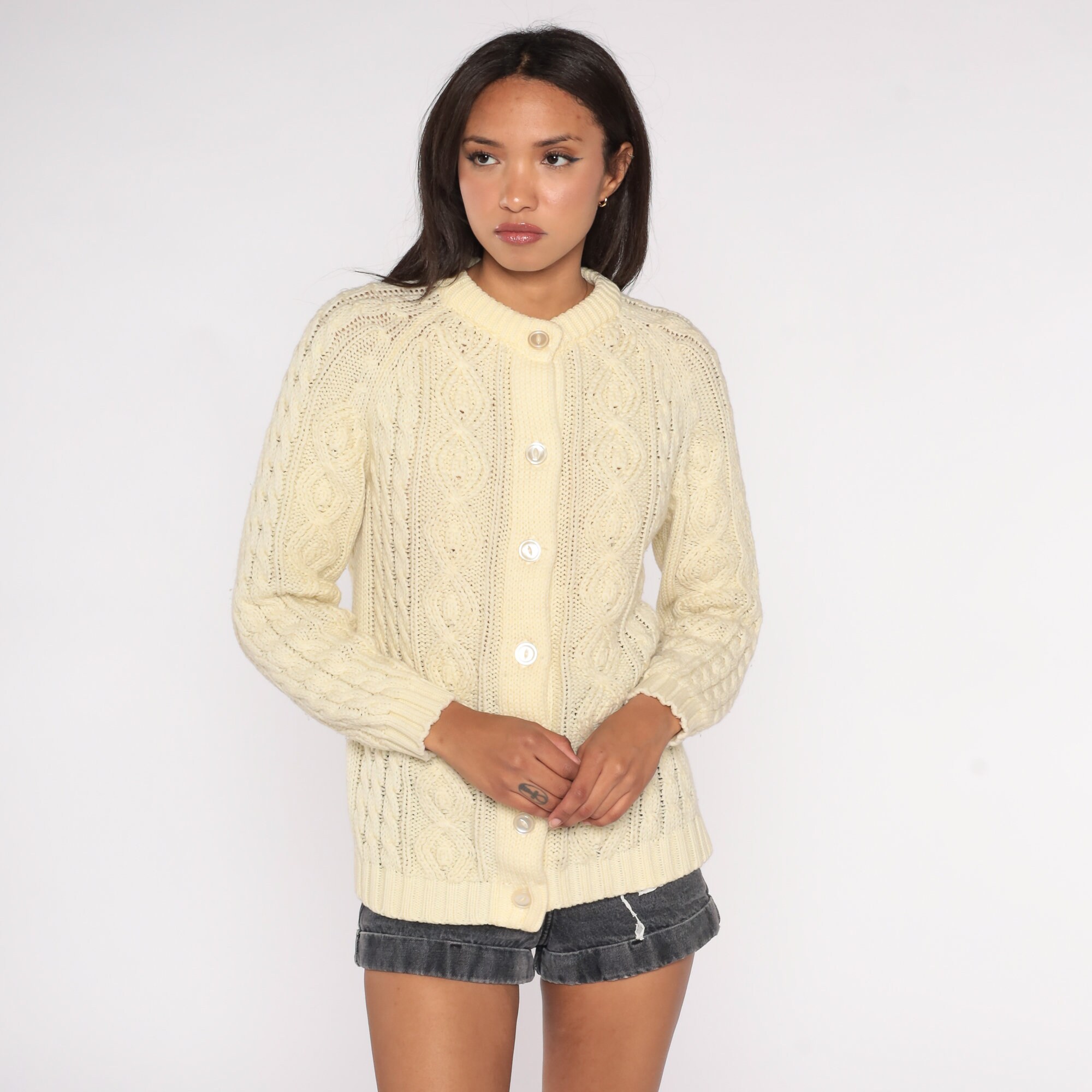 Cable Knit Cardigan 70s Cream Button Up Sweater Fisherman Sweater Retro