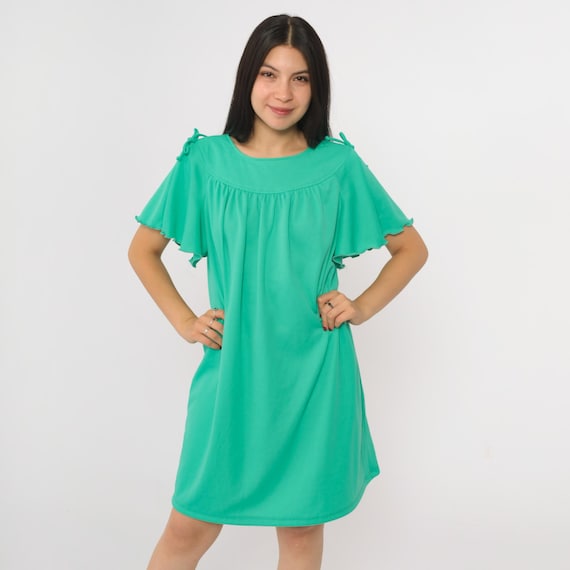 Vintage Green Flutter Sleeve Tent Dress 70s Mini Dress Lettuce Edge Short Minidress Mod 1970s Trapeze Boho Summer Bow Shoulder Large L