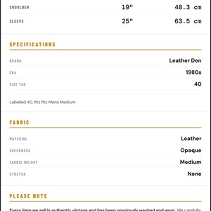 May include: Vintage leather jacket from Leather Den, dating back to the 1980s. The jacket has a length of 25 inches (63.5 cm), armpit to armpit of 23 inches (58.4 cm), waist of 19 inches (48.3 cm), shoulder of 19 inches (48.3 cm), and sleeve length of 25 inches (63.5 cm).
