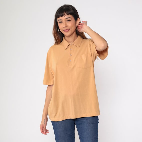 Light Brown Polo Shirt 70s Button Up Shirt Short Sleeve Collared T-Shirt Retro Plain Basic Chest Pocket Preppy Solid Vintage 1970s Men's XL