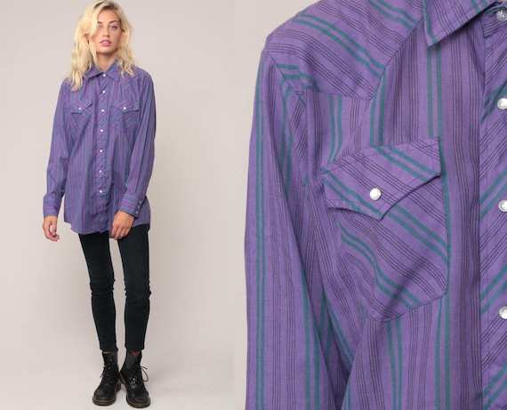Western Shirt 80s PEARL SNAP Striped Purple Long Sleeve 1980s Button Up Hipster Vintage Top Medium
