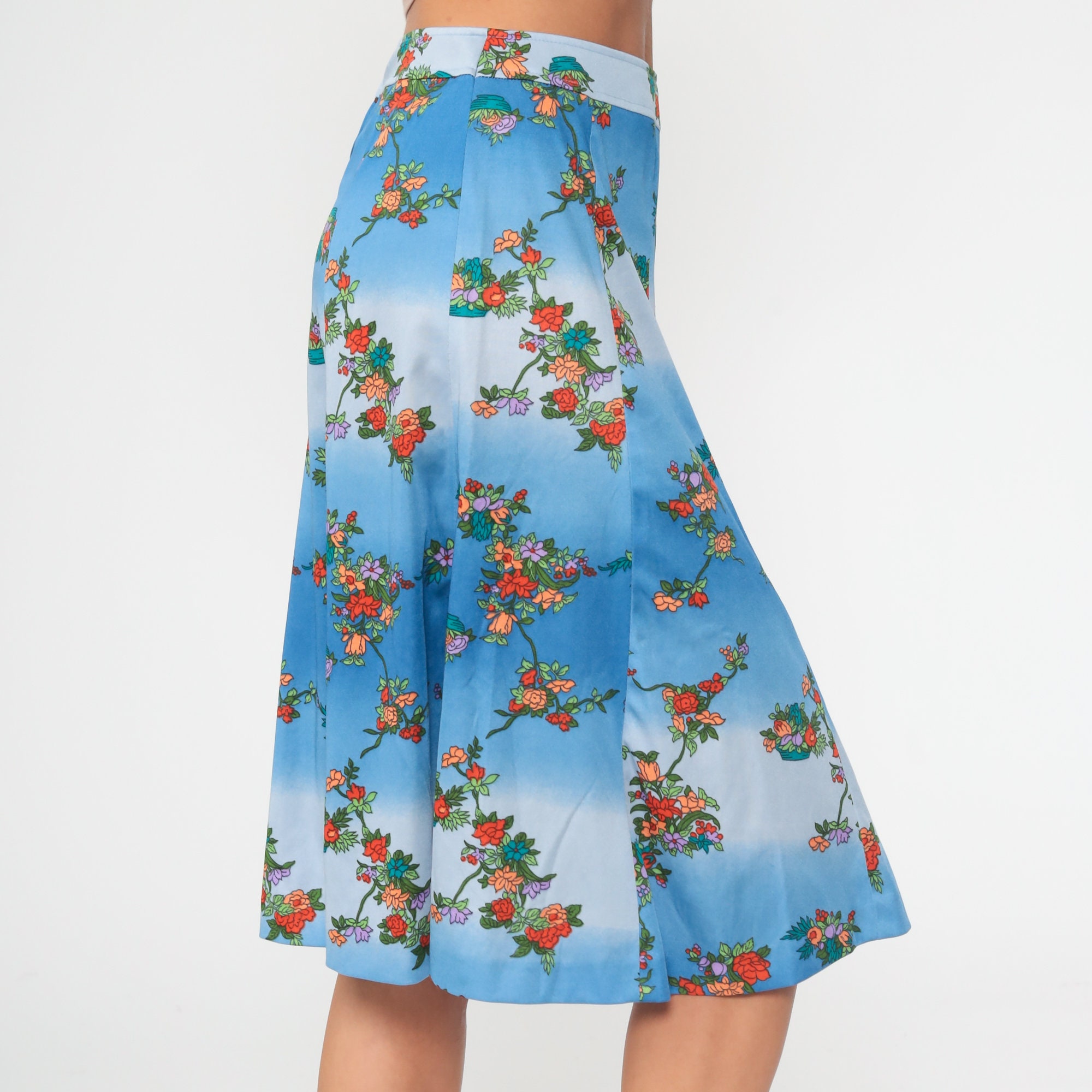 Floral Midi Skirt 70s Boho High Waisted Blue Flower Print Skirt 1970s ...