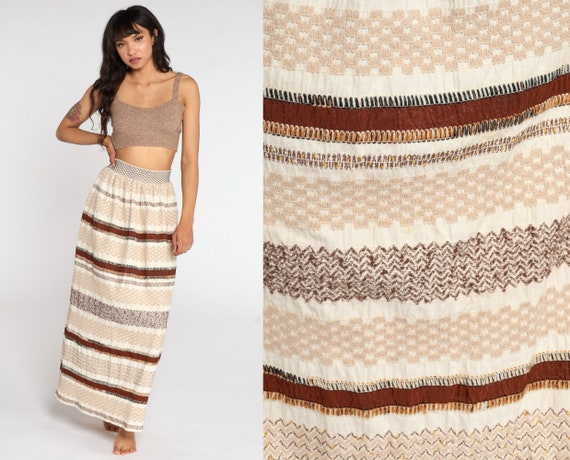 Embroidered Skirt 70s Maxi Skirt Cream Brown Stri… - image 1