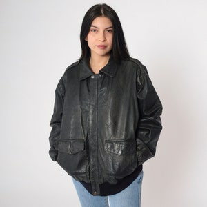 Black Leather Jacket 90s Bomber Jacket Zip Up Biker Moto Coat Motorcycle Cafe Racer Plain Rocker Vintage 1990s Men&#39;s extra large xl