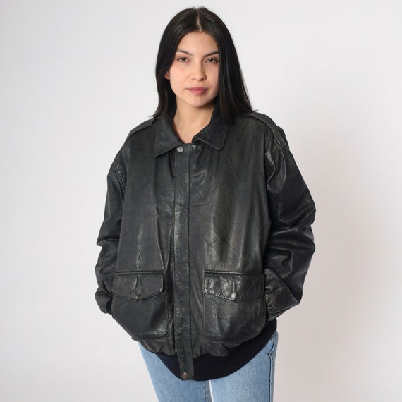 Black Leather Jacket 90s Bomber Jacket Zip Up Biker Moto Coat Motorcycle Cafe Racer Plain Rocker Vintage 1990s Men's extra large xl