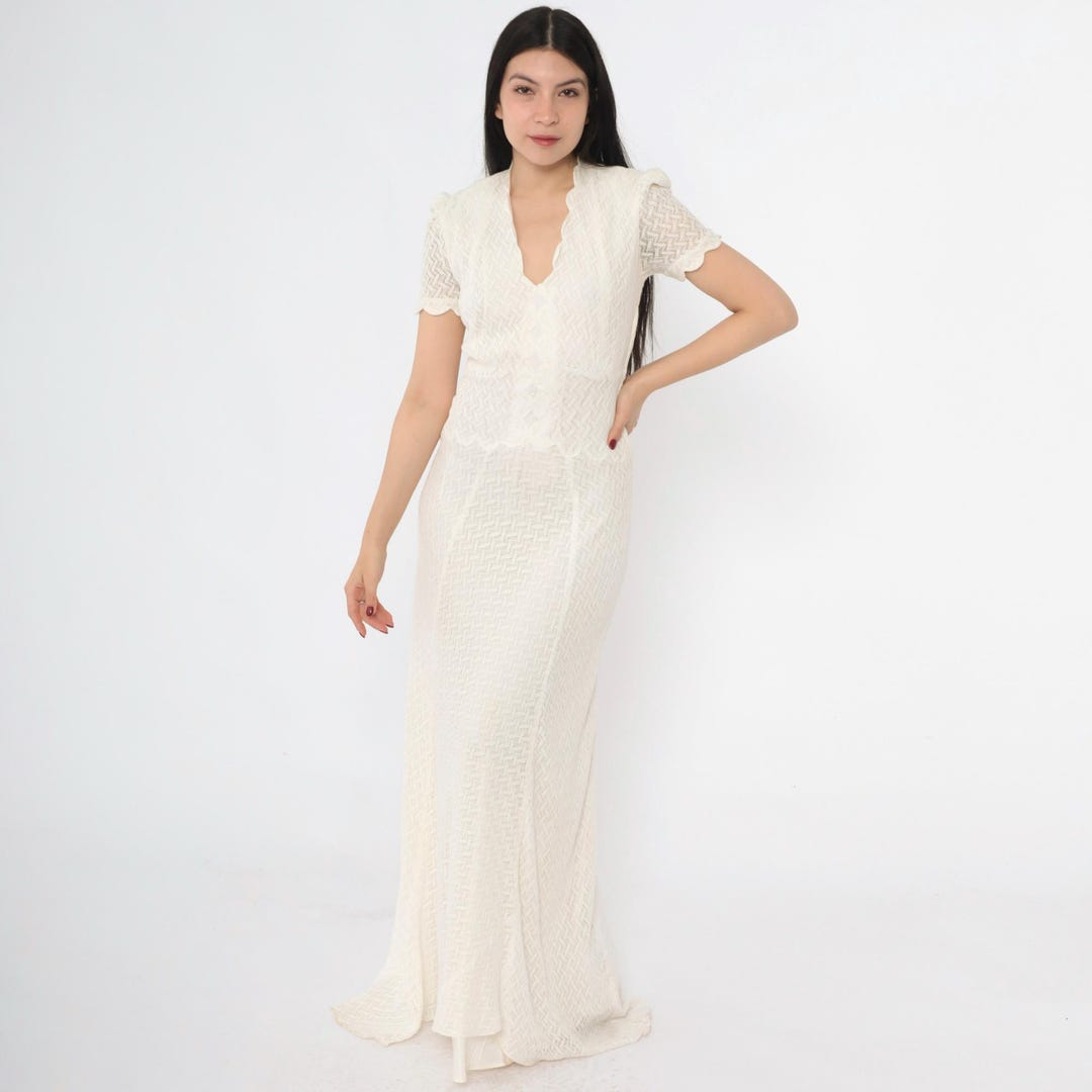 Large 1940s Dress Low Cut Tie Back Waist Crepe Shortsleeve Bridal Wedding Gown