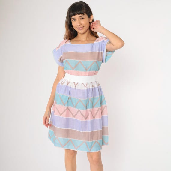 80s Pastel Striped Dress Cap Sleeve Mini Belted High Waist Square Neck Hippie Vintage Secretary Lavender Pink Blouson Petite Medium