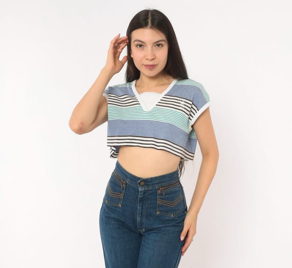 80s Striped Crop Top V Neck Cap Sleeve Tee White Blue Green Teal Beach Summer Cropped Shirt Nautical Sporty Casual Vintage Ivory Medium M