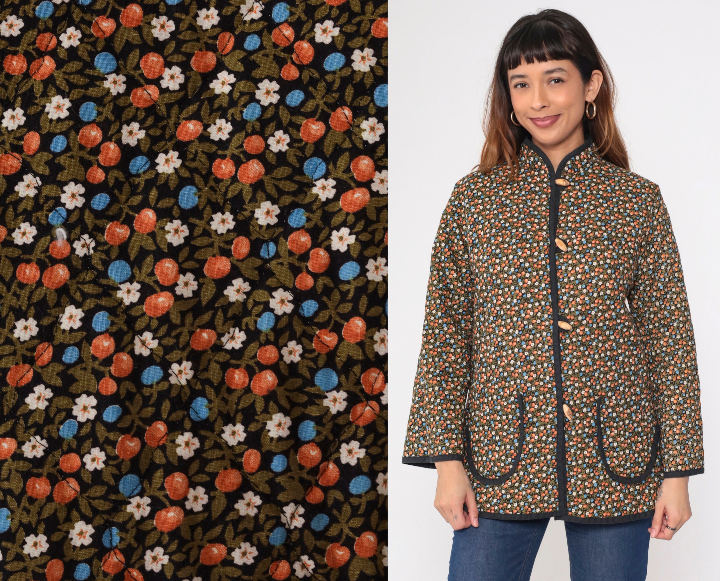 Floral Quilted Jacket 70s Toggle Button up Hippie Jacket Floral Quilted Jacket 70s Toggle Button up Hippie Jacket