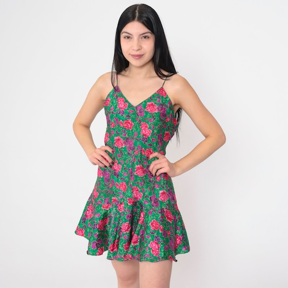 Green Floral Dress 90s Mini Slip Dress Drop Waist Ruffle Flounce Minidress Sleeveless Spaghetti Strap Boho Fairycore Vintage 1990s Medium M