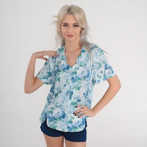 Blue Floral Top Y2K Rose Print Button Up Shirt Retro Scalloped V Neck Girly Short Sleeve Blouse Summer Bohemian Front Slit Vintage 00s Large