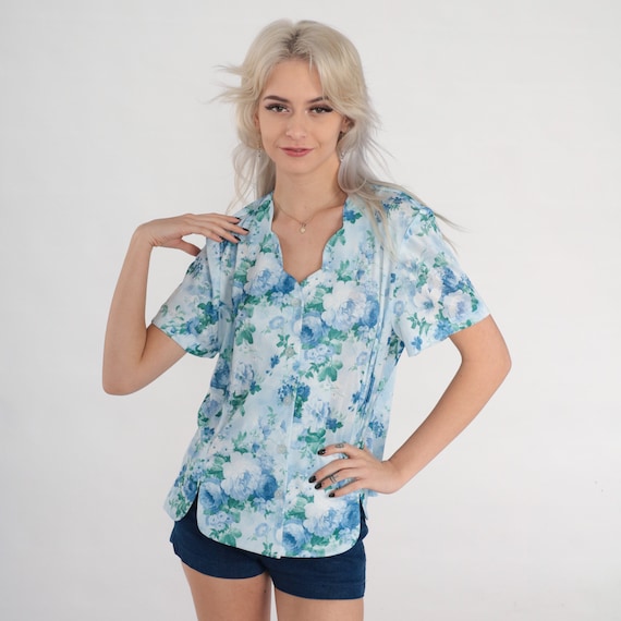 Blue Floral Top Y2K Rose Print Button Up Shirt Retro Scalloped V Neck Girly Short Sleeve Blouse Summer Bohemian Front Slit Vintage 00s Large