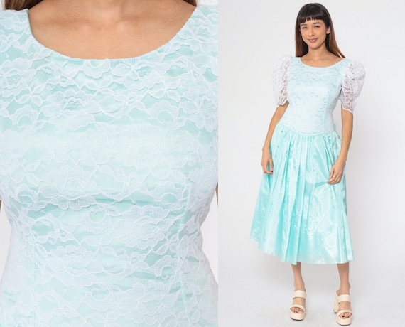 80s Party Dress Aqua Blue Taffeta Lace Dress Puff… - image 1