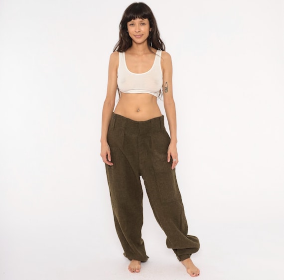 50s Military Wool Trousers Olive Army Cargo Pants Wide Leg Field Green Utility Bottoms Pleated Vintage Combat Surplus Khaki Slacks 34 x 31