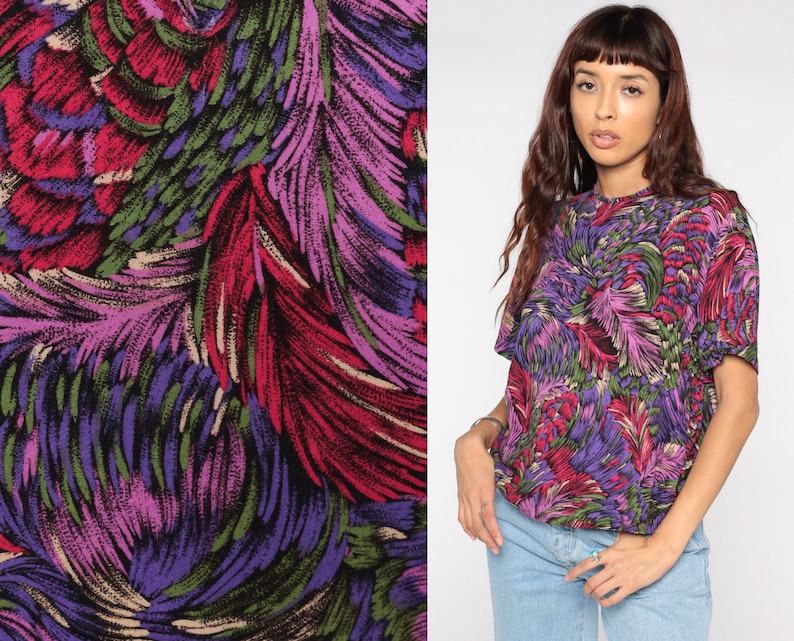 Feather Print Shirt Slouchy Purple Boho Top 80s Graphic Shirt Bohemian Hippie Shirt Retro Top 1980s Vintage T Shirt Medium image 1