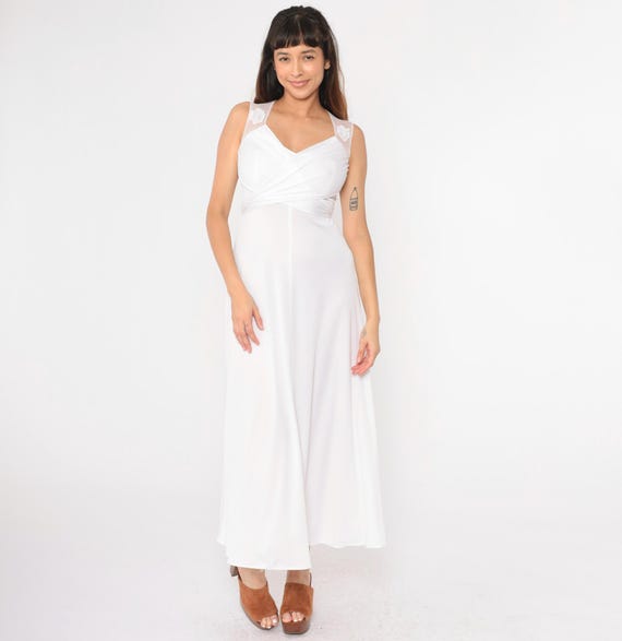 Vintage 70s White Party Dress Sheer Lace Back Maxi Wrap Long Bohemian Grecian Gown 1970s Empire Waist Boho V Neck Long Sleeveless Small xs