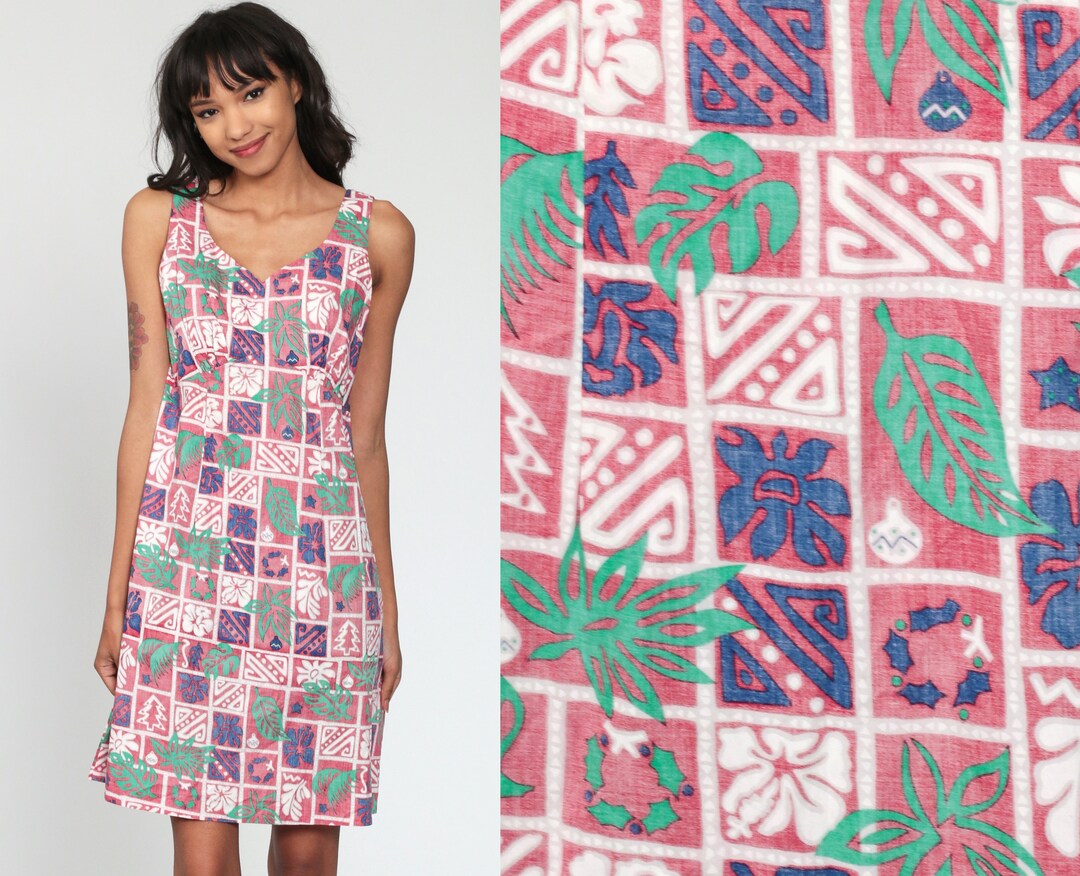Hawaiian Christmas Dress 90s Tropical Mini Sundress EMPIRE Waist 1990s