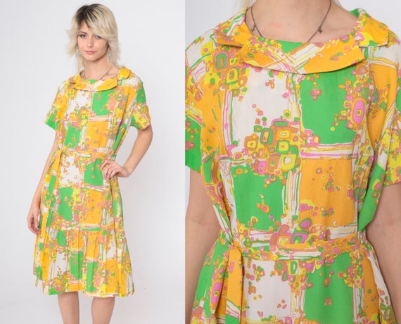 60s Psychedelic Dress Mod Patchwork Geometric Pri… - image 2